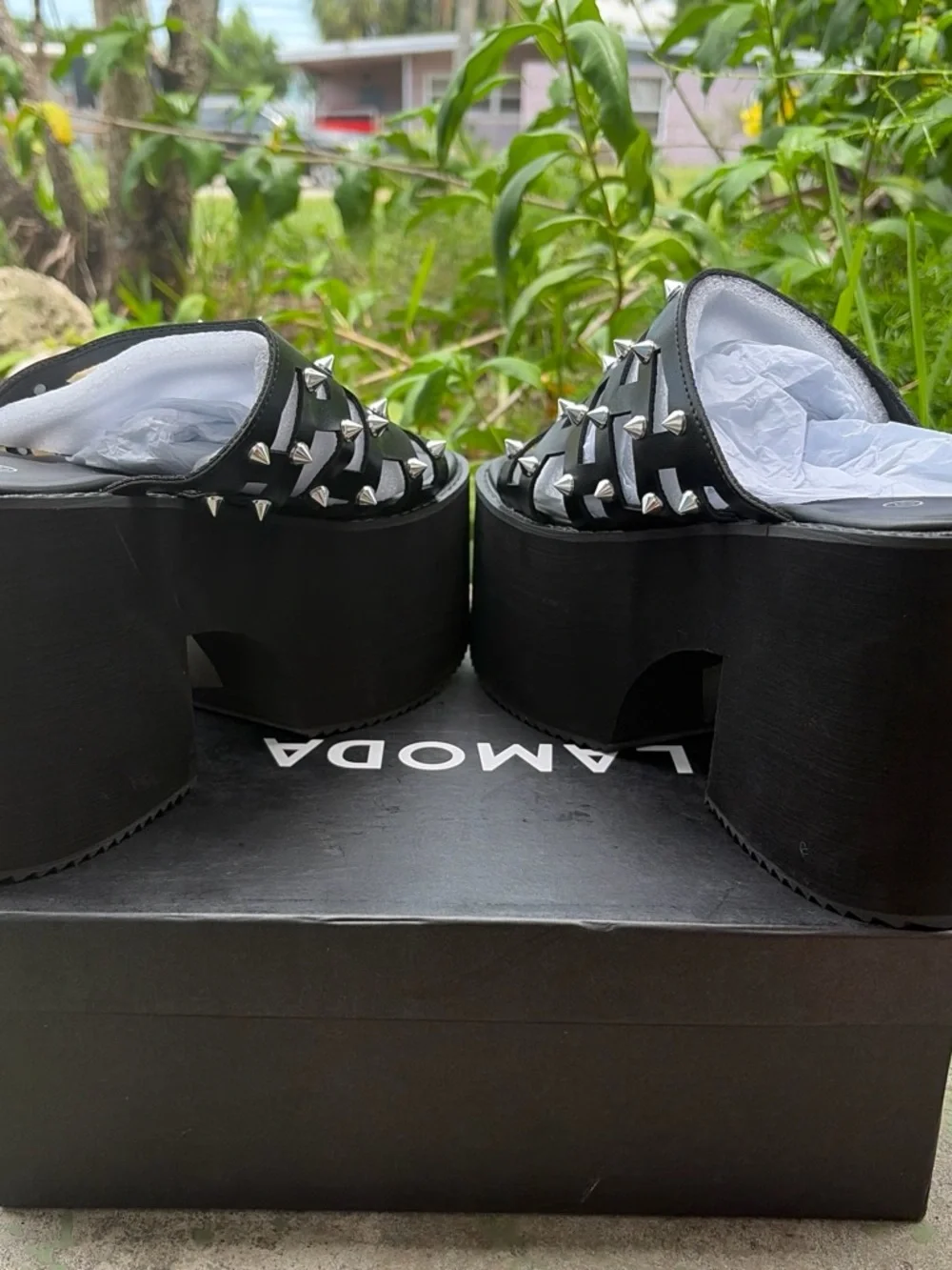 Black Spike-Embellished Platform Slide Sandals